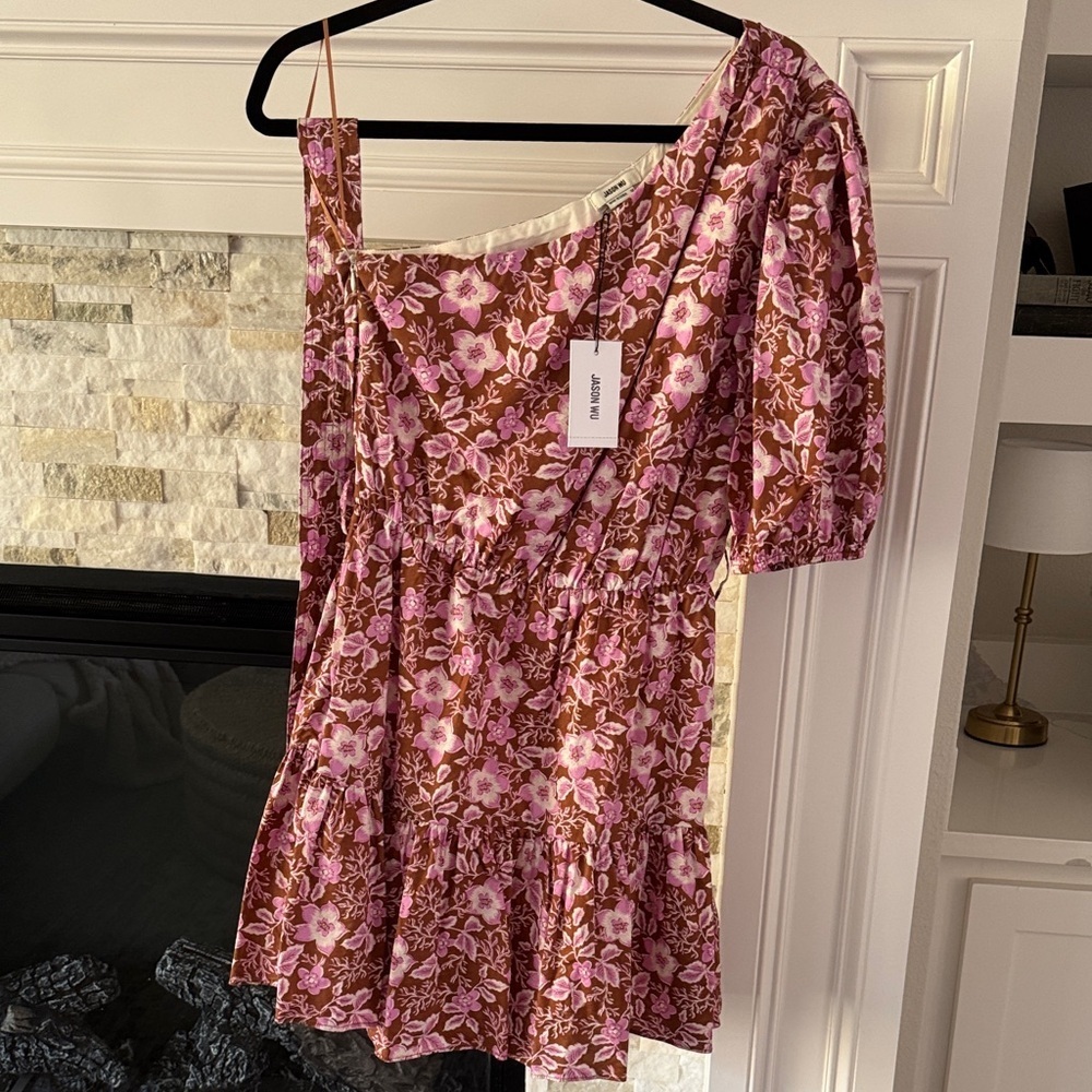 Jason Wu Pink Brown Floral One Shoulder Dress Elegant Wedding Guest Mini NWT M